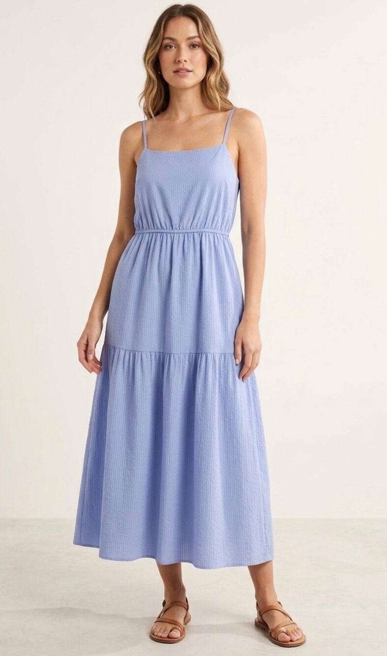 La February Blue Tiered Midi Dress Spaghetti Straps Size L NWT